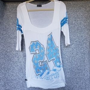 Wetseal White Blue Tunic 3/4 Sleeve Tee Large